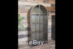 Arch Display Cabinet Rustic Metal 4 Shelves Storage Unit Glass Doors Cupboard