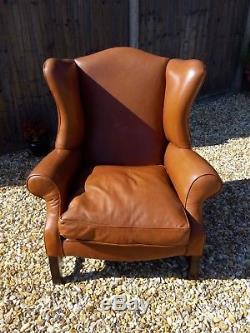 Armchair Brown Tan Leather Wing Back Chair Queen Anne