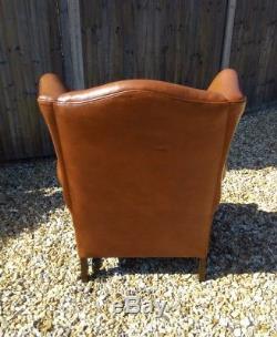 Armchair Brown Tan Leather Wing Back Chair Queen Anne
