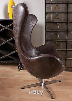 Aviator Egg Chair Real Brown Leather Vintage Real Leather Metal Swivel Retro