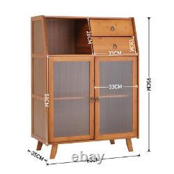 Bamboo Wood Buffet Tall Cabinet Sideboard Pantry Storage Rack Clear Door Kitchen