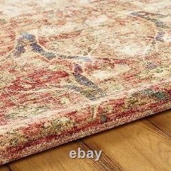 Beige Red Vintage Faded Distressed Classic Contemporary Style Silk Like Area Rug