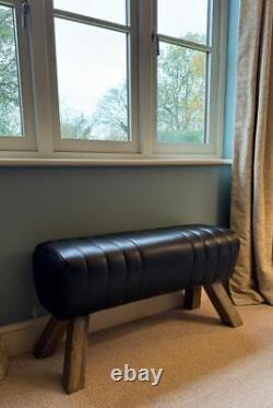 Black Leather Bench Wood Legs Pommel Horse Style Retro Vintage