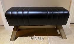Black Leather Bench Wood Legs Pommel Horse Style Retro Vintage