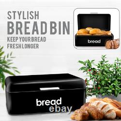 Black Retro Kitchen Bread Bin Steel Powder Coated Loaf Storage Food Rolls Slice