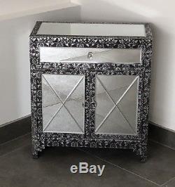 Blackened Silver Metal Embossed Mirror Cabinet Chest Cupboard Sideboard Bedside