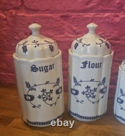 Blue And White Storage Jars Onion Flower TC Germany Flour Sugar Coffee Tea Salt