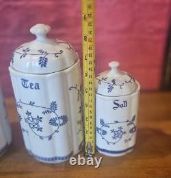 Blue And White Storage Jars Onion Flower TC Germany Flour Sugar Coffee Tea Salt