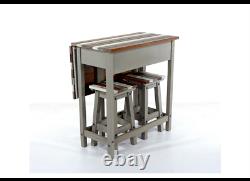 Breakfast Bar Table Set with 2 Stools, Grey Vintage Drop Leaf, Dining, Kitchen