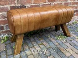 Brown Leather Bench Wood Legs Pommel Horse Style Retro Vintage
