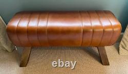 Brown Leather Bench Wood Legs Pommel Horse Style Retro Vintage