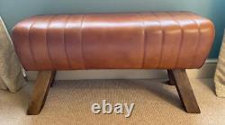 Brown Leather Bench Wood Legs Pommel Horse Style Retro Vintage