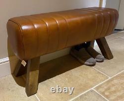 Brown Leather Bench Wood Legs Pommel Horse Style Retro Vintage