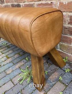 Brown Leather Bench Wood Legs Pommel Horse Style Retro Vintage