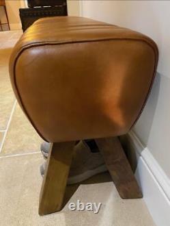 Brown Leather Bench Wood Legs Pommel Horse Style Retro Vintage