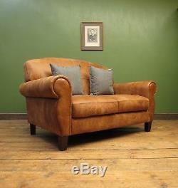 Buff Tan Leather 2 Seater Sofa, Vintage Club Style Sofa, Quality Aged Leather