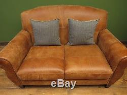 Buff Tan Leather 2 Seater Sofa, Vintage Club Style Sofa, Quality Aged Leather