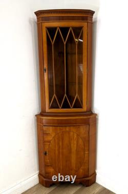 CORNER CABINET Yew Wood Glass Door Display Cupboard Glass Shelves FREE DELIVERY