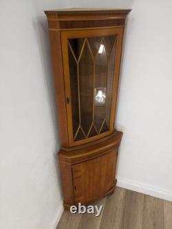 CORNER CABINET Yew Wood Glass Door Display Cupboard Glass Shelves FREE DELIVERY