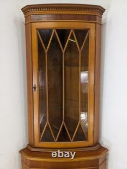 CORNER CABINET Yew Wood Glass Door Display Cupboard Glass Shelves FREE DELIVERY