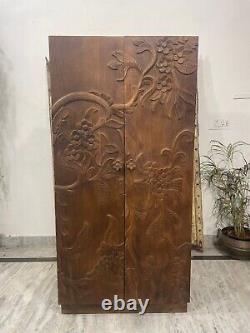 Carved Wooden Side-Storage Cabinet, Floral-Design Handicraft Cabinet For Storage
