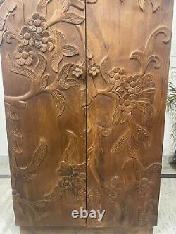 Carved Wooden Side-Storage Cabinet, Floral-Design Handicraft Cabinet For Storage