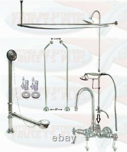 Chrome GooseNeck Clawfoot Tub Faucet Package Kit With Shower Curtain Surround