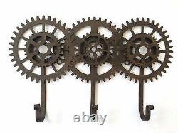 Cog and Gears Triple Hooks Industrial Vintage Steampunk Style Metal Coat Rack