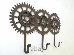 Cog and Gears Triple Hooks Industrial Vintage Steampunk Style Metal Coat Rack