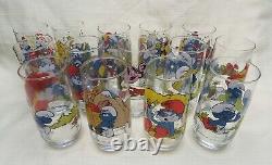 Complete set of 14 Hardee's Smurf Glasses. 14 oz. 1982 &1983 Clear and Crisp