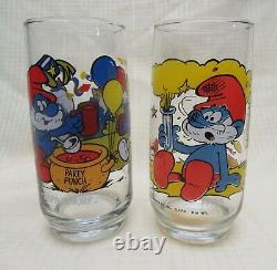 Complete set of 14 Hardee's Smurf Glasses. 14 oz. 1982 &1983 Clear and Crisp