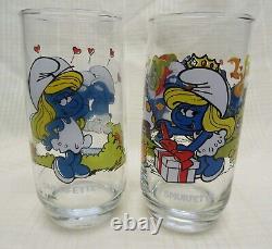Complete set of 14 Hardee's Smurf Glasses. 14 oz. 1982 &1983 Clear and Crisp