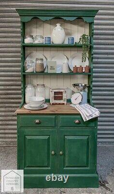 Dark Green Solid Pine Vintage Style Country Farmhouse Kitchen Dresser