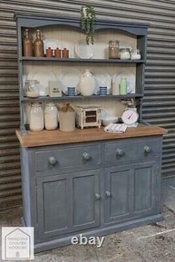 Dark Grey Solid Pine Vintage Country Farmhouse Style Kitchen Dresser