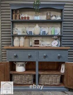 Dark Grey Solid Pine Vintage Country Farmhouse Style Kitchen Dresser