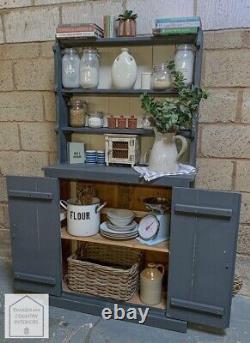 Dark Grey Solid Pine Vintage Country Farmhouse Style Kitchen Dresser