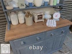 Dark Grey Solid Pine Vintage Country Farmhouse Style Kitchen Dresser