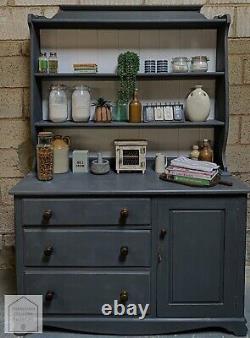 Dark Grey Vintage Oak Country Farmhouse Style Kitchen Dresser