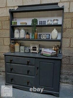 Dark Grey Vintage Oak Country Farmhouse Style Kitchen Dresser