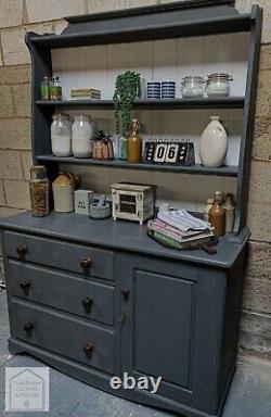 Dark Grey Vintage Oak Country Farmhouse Style Kitchen Dresser