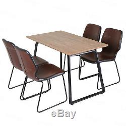 Dining Table and 4 Chairs Padded Set Faux Leather Metal Legs Vintage Industrial