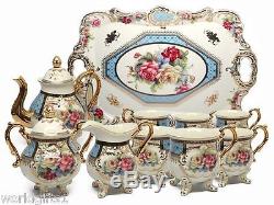 EURO Porcelain 12-pc Dining Tea Set Floral & Blue, Vintage Service for 6