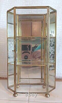 Etched Floral Glass & Brass Mirrored Curio Display Cabinet Table 10 T x 6 W