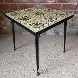 Fab Vintage Retro Handmade Small Side Table Plant Stand Yellow & Black Tiled Top