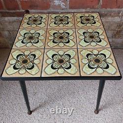 Fab Vintage Retro Handmade Small Side Table Plant Stand Yellow & Black Tiled Top