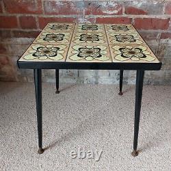 Fab Vintage Retro Handmade Small Side Table Plant Stand Yellow & Black Tiled Top