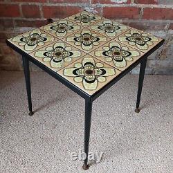 Fab Vintage Retro Handmade Small Side Table Plant Stand Yellow & Black Tiled Top