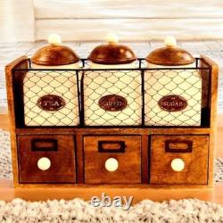 Farmhouse Ceramic Tea Coffee Sugar Jar Set with Wooden Rack and Storage Drawers