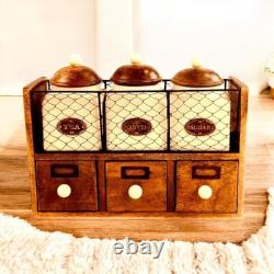 Farmhouse Ceramic Tea Coffee Sugar Jar Set with Wooden Rack and Storage Drawers