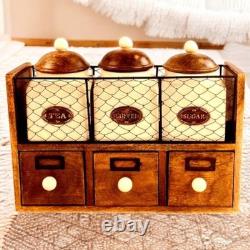 Farmhouse Ceramic Tea Coffee Sugar Jar Set with Wooden Rack and Storage Drawers